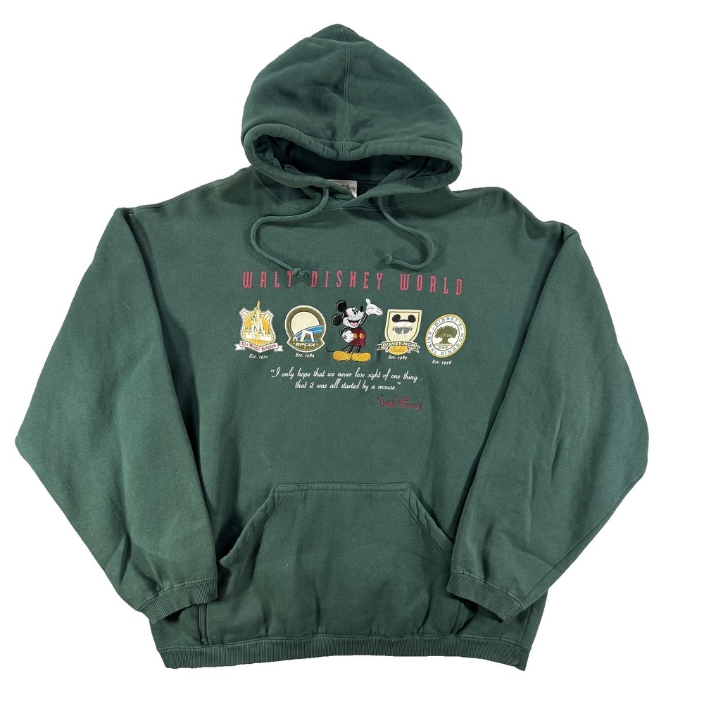 VTG Disney Hoodie Mens Medium Green Pullover Walt Disney World Mickey Sweatshirt